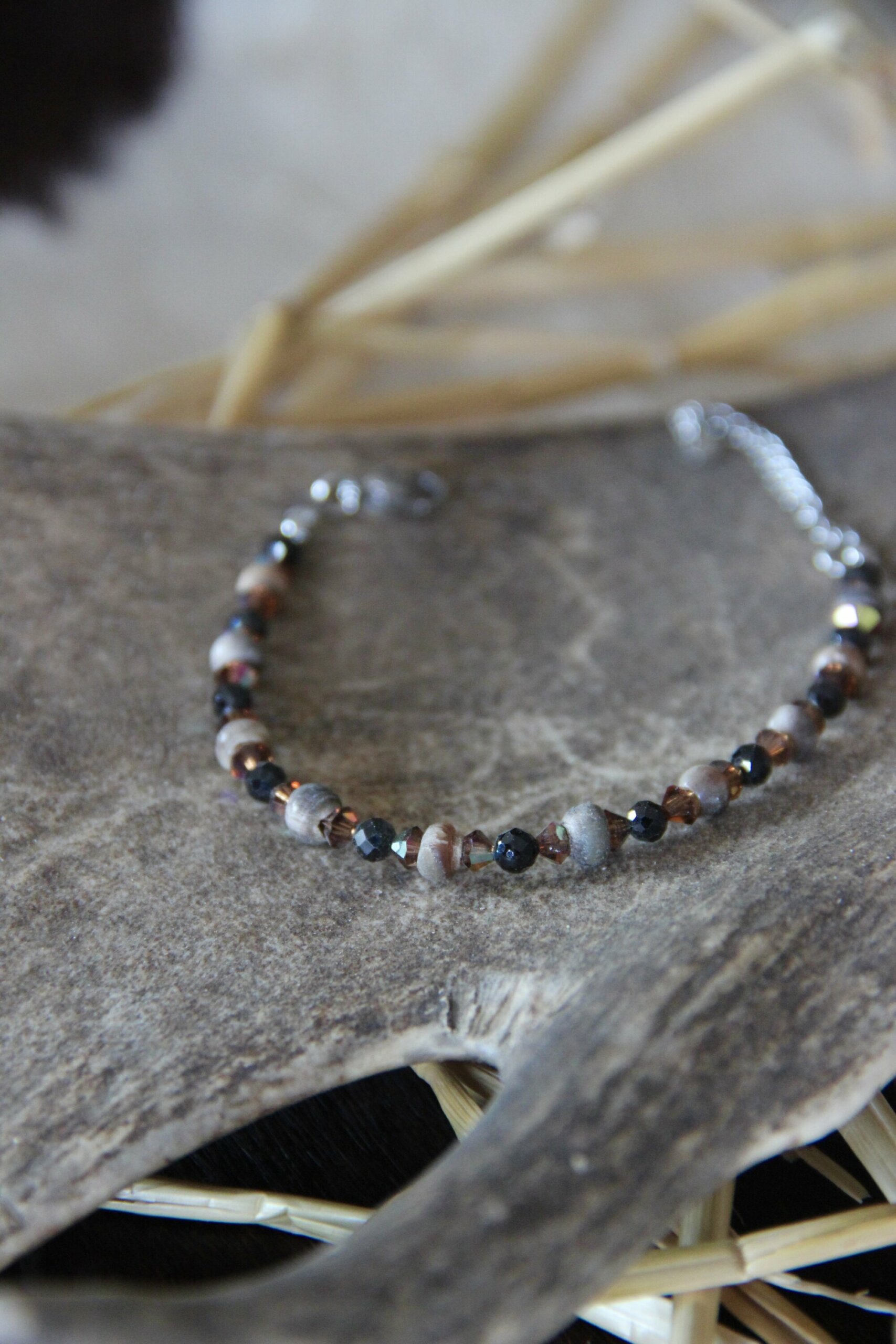 Bracelet corne Swarovski & obsidienne