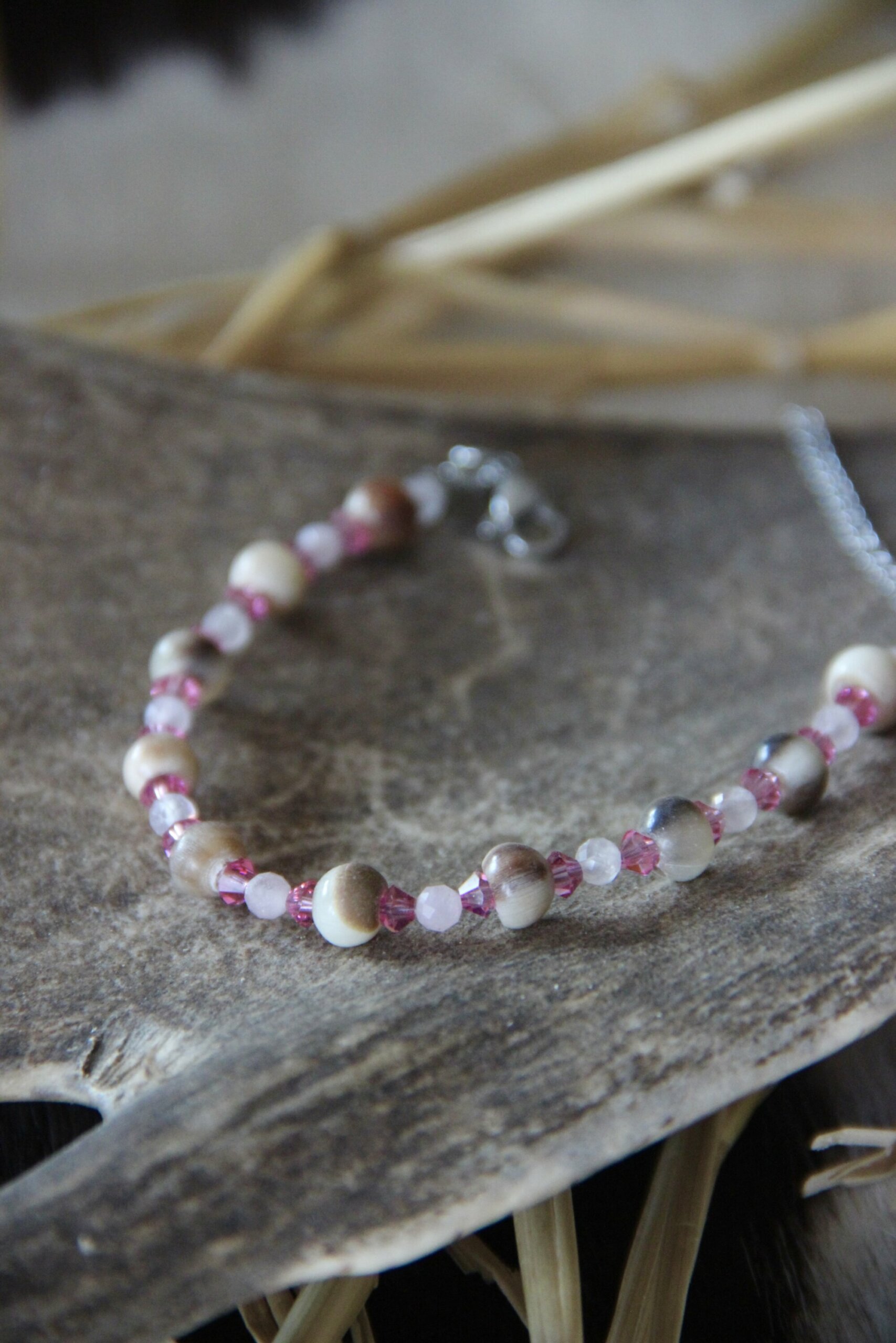Bracelet corne de buffle Swarovski & quartz rose