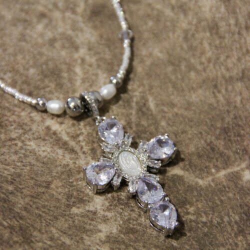 Collier croix strass et nacre & semi-perle de culture