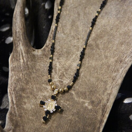 Collier croix strass & full obsidienne