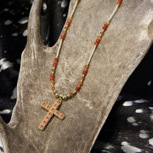 Collier croix strass & full cornaline