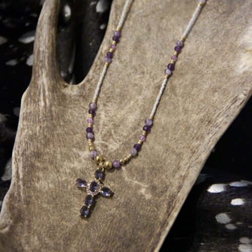 Collier croix strass & full améthyste