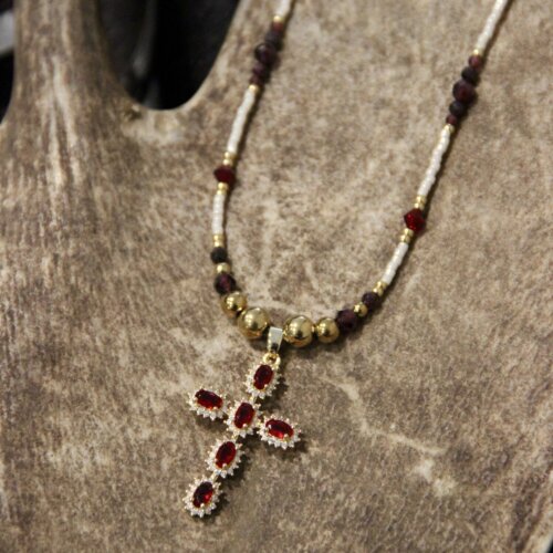Collier croix strass & full grenat zircon
