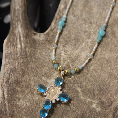 Collier croix strass & Full amazonite