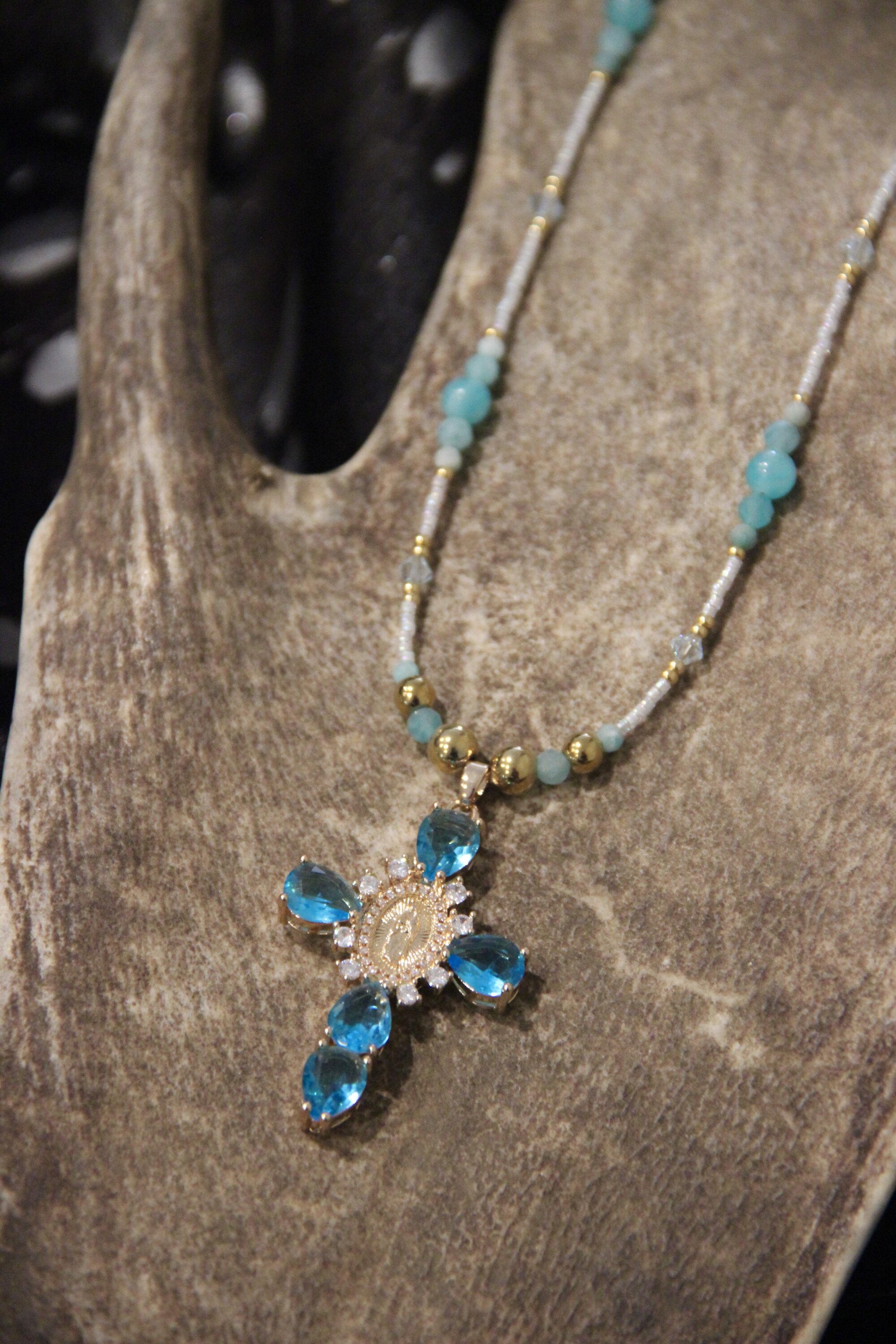 Collier croix strass & Full amazonite