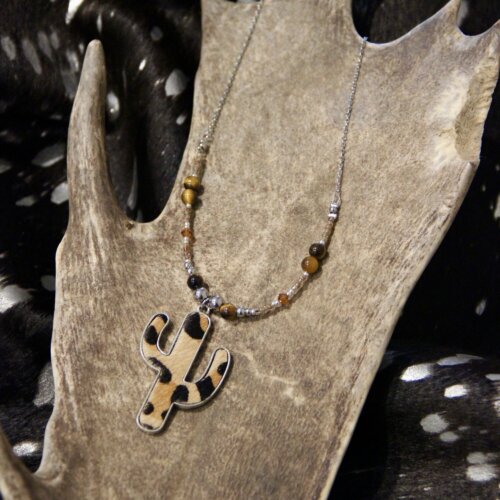 Collier SEMI oeil de tigre & peau de vache léopard