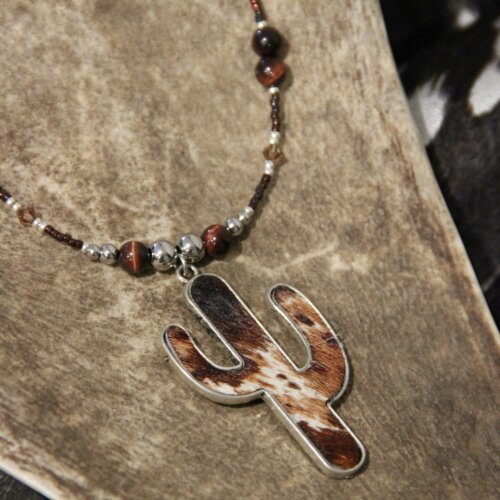 Collier SEMI oeil de taureau & peau de vache cactus