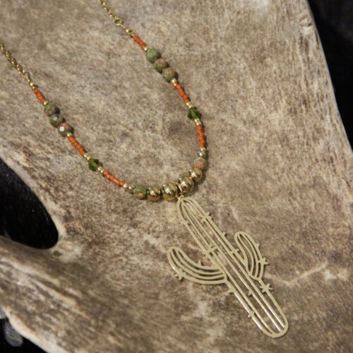 Collier SEMI Unakite & cactus doré