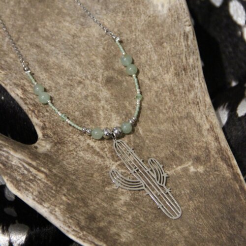 Collier SEMI aventurine & cactus argenté