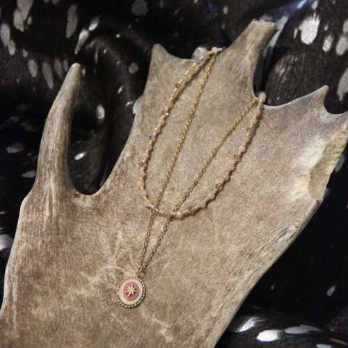Collier double Pierre de soleil & ovale rhodonite