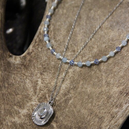 Collier double aigue marine & chapeau argenté