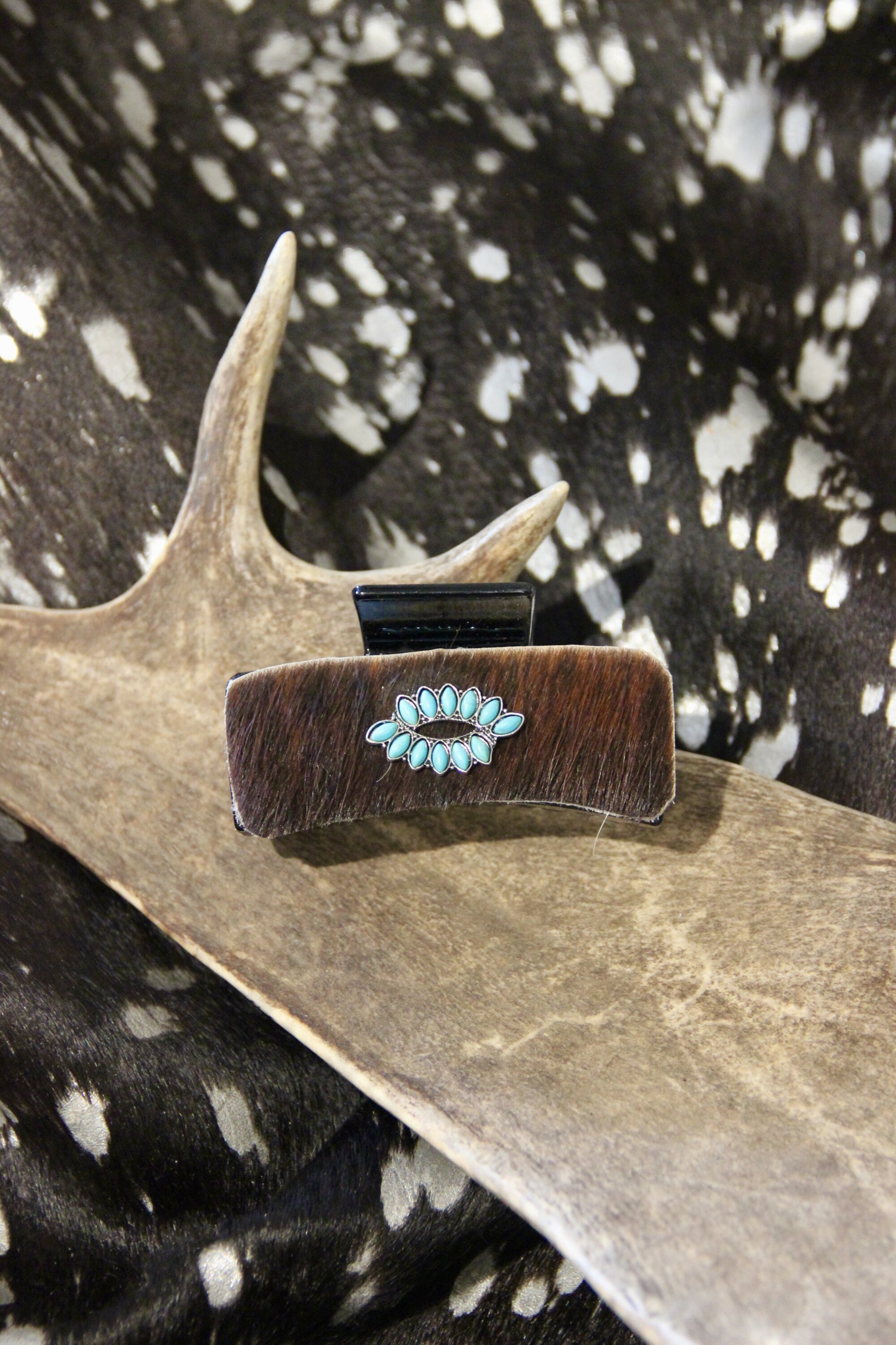 Pince a cheveux bijoux turquoise & peau naturelle GRANDE