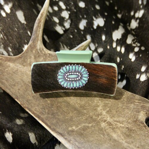 Pince a cheveux bijoux turquoise ovale & peau naturelle GÉANTE