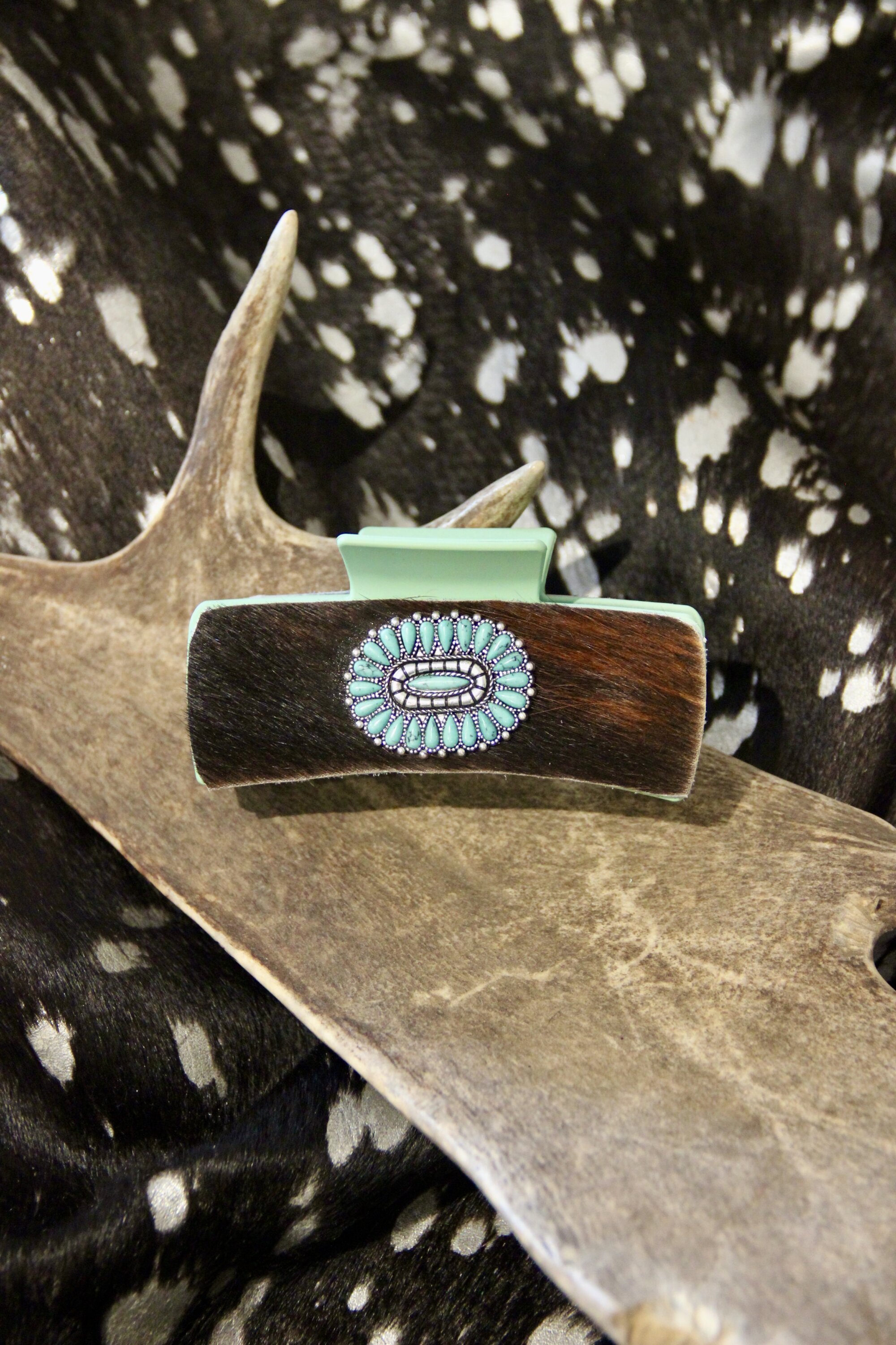 Pince a cheveux bijoux turquoise ovale & peau naturelle GÉANTE