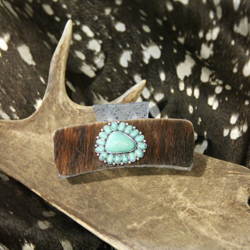 Pince a cheveux bijoux turquoise triangle & peau naturelle GÉANTE
